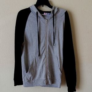 Gray and Black Zip-Up Sweater With Hoodie And With Pockets